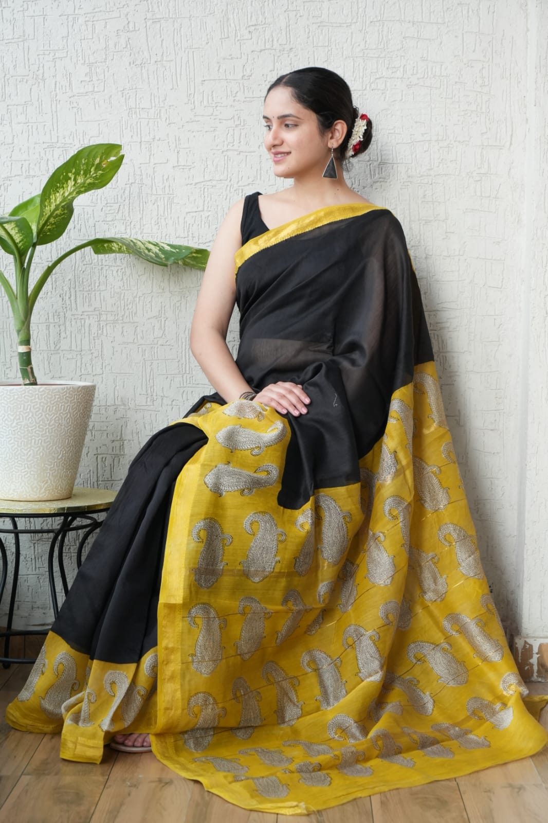 Maheshwari silk saree wholesale, hand block printed pink yellow paisley, pure silk saree by Fabtexs