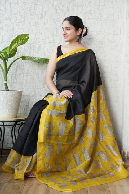 Maheshwari silk saree wholesale, hand block printed pink yellow paisley, pure silk saree by Fabtexs