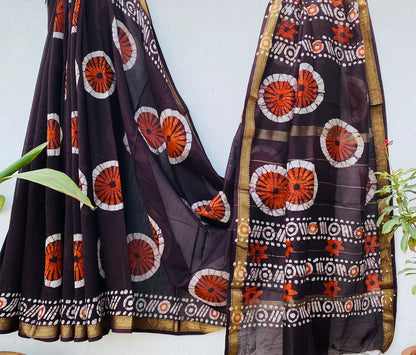 Maheshwari silk saree wholesale, hand block printed purple batik design, pure silk saree by Fabtexs