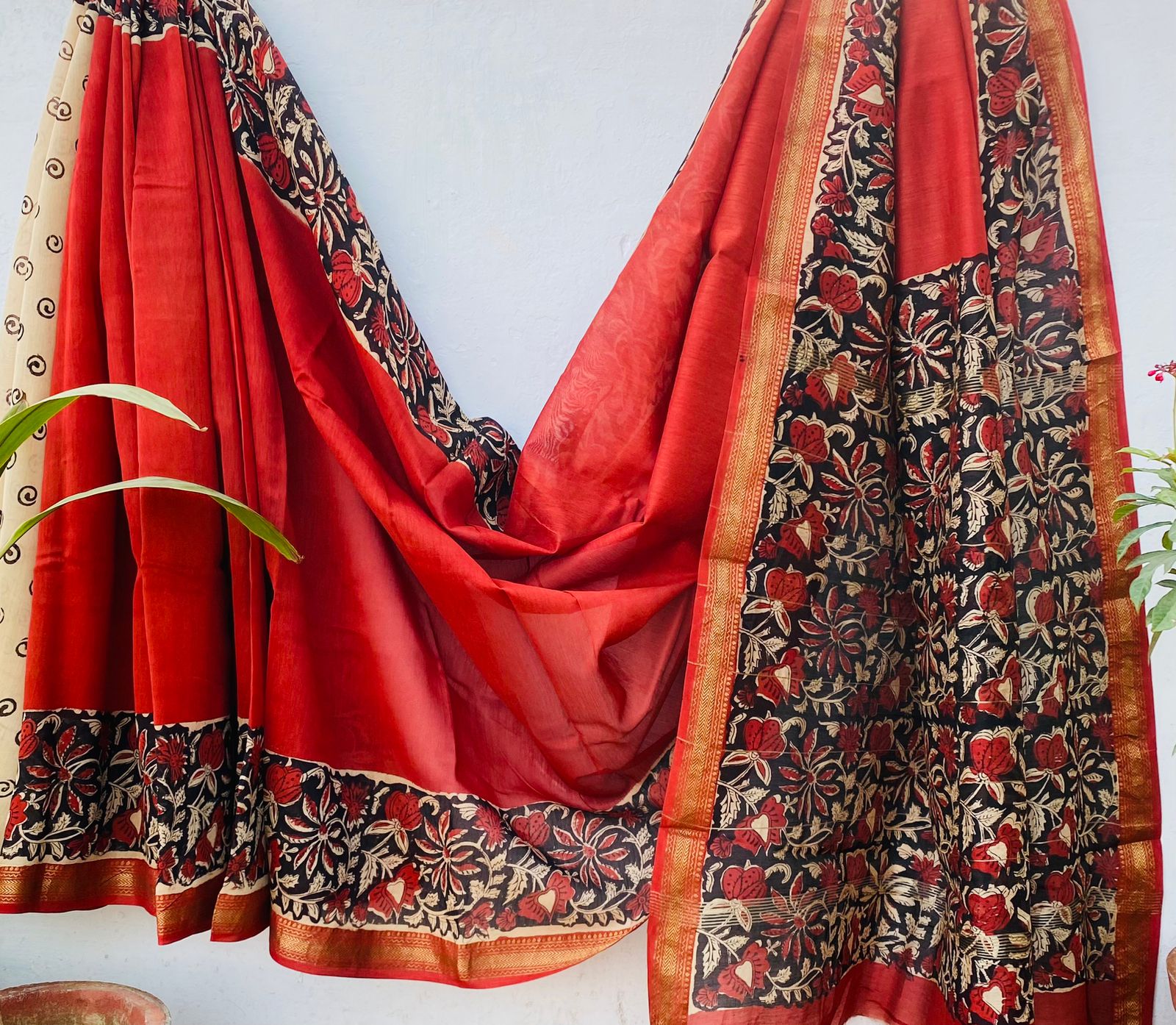 Maheshwari silk saree wholesale, hand block printed red black floral, pure silk saree by Fabtexs
