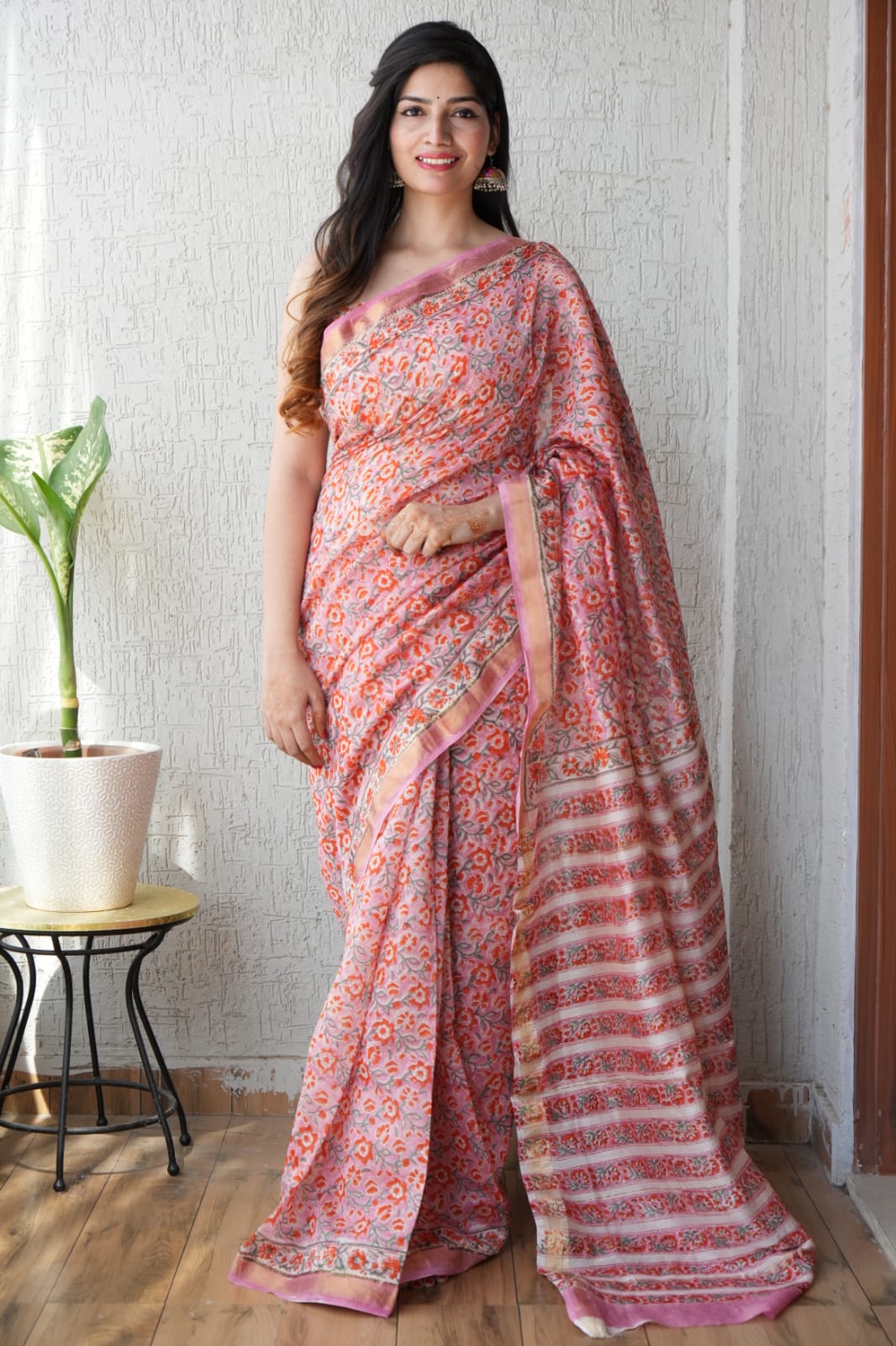 Maheshwari silk saree wholesale, hand block printed red black floral, pure silk saree by Fabtexs