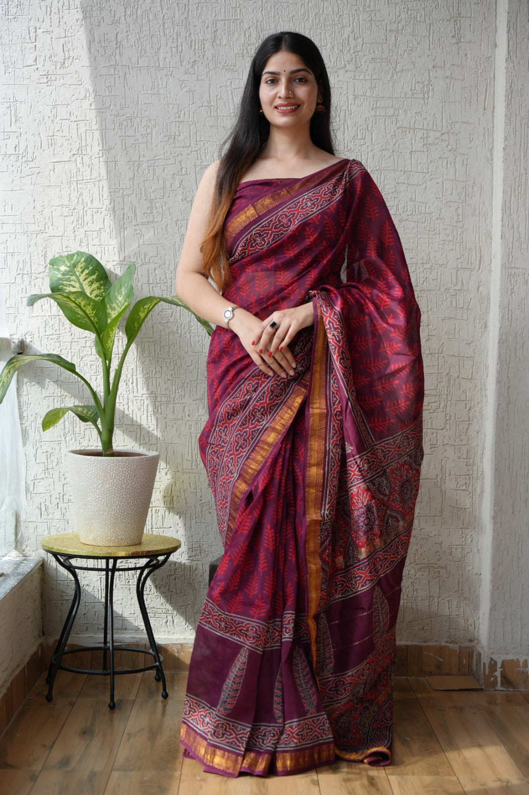 Maheshwari silk saree wholesale, hand block printed red black stripes, pure silk saree by Fabtexs