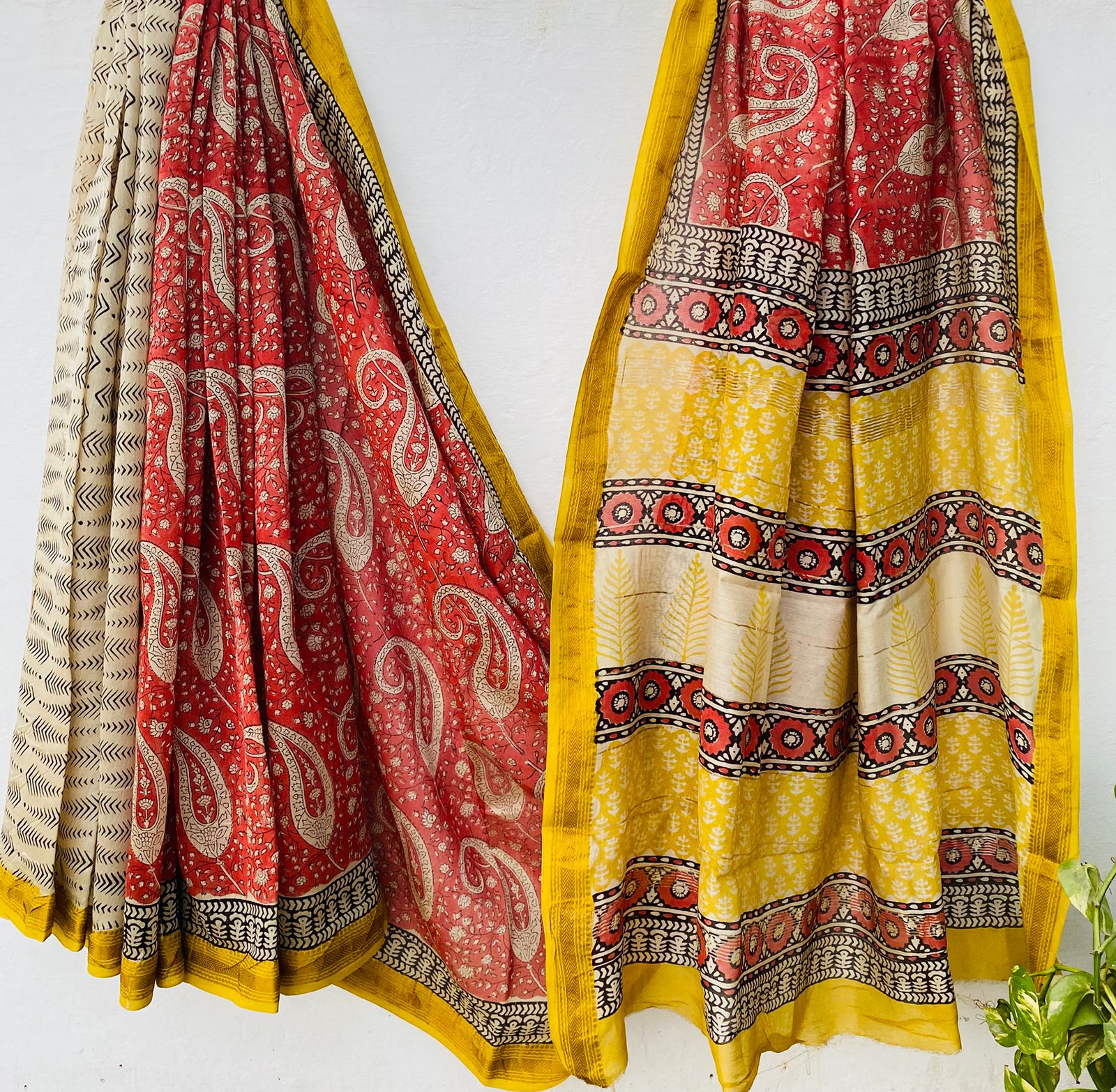 Maheshwari silk saree wholesale, hand block printed red yellow paisley, pure silk saree by Fabtexs