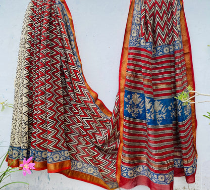 Maheshwari silk saree wholesale, hand block printed red zigzag pattern, pure silk saree by Fabtexs