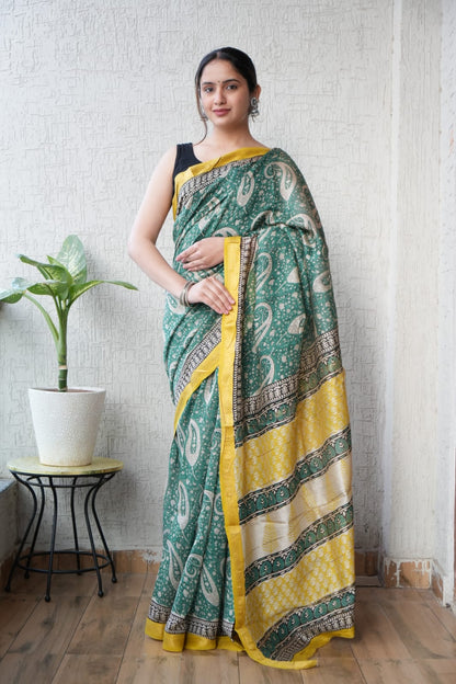 Maheshwari silk saree wholesale, hand block printed turquoise blue, pure silk saree by Fabtexs