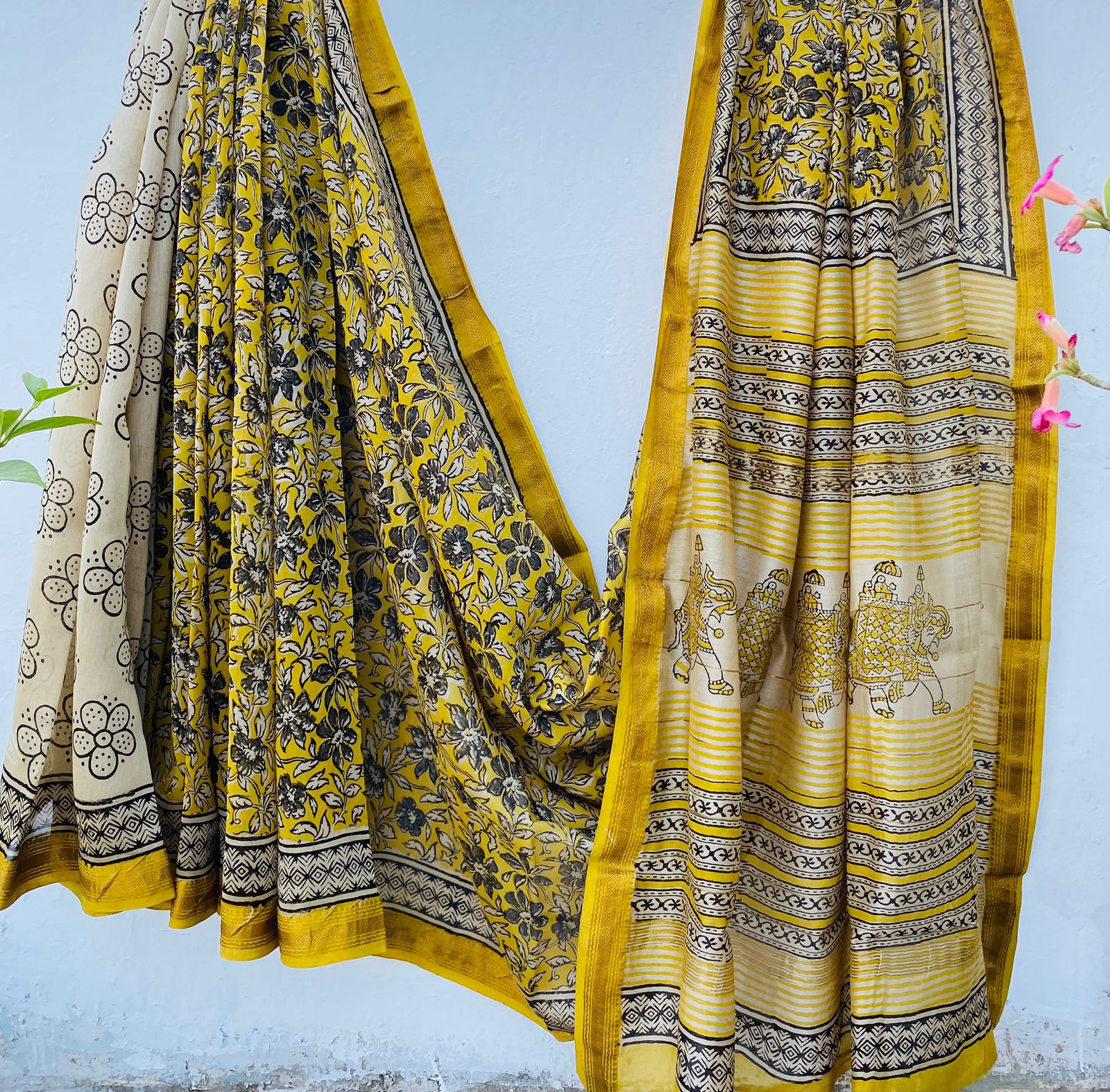 Maheshwari silk saree wholesale, hand block printed yellow floral, pure silk saree by Fabtexs