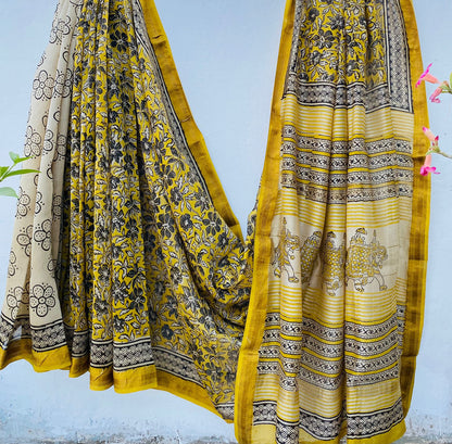 Maheshwari silk saree wholesale, hand block printed yellow floral, pure silk saree by Fabtexs