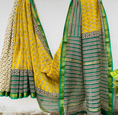Maheshwari silk saree wholesale, hand block printed yellow green, pure silk saree by Fabtexs