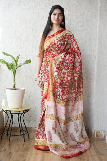 Maheshwari silk saree wholesale, hand block printed yellow green, pure silk saree by Fabtexs