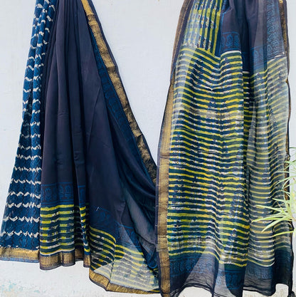 Maheshwari silk saree wholesale, hand block printed yellow indigo, pure silk saree by Fabtexs