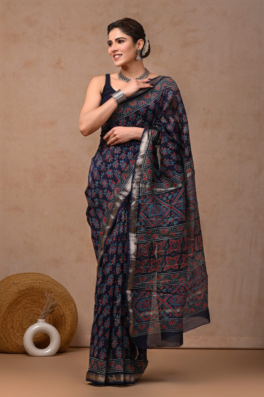 Maheshwari silk saree wholesale, hand block printed yellow red paisley, pure silk saree by Fabtexs