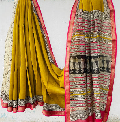 Maheshwari silk saree wholesale, hand block printed yellow red stripes, pure silk saree by Fabtexs