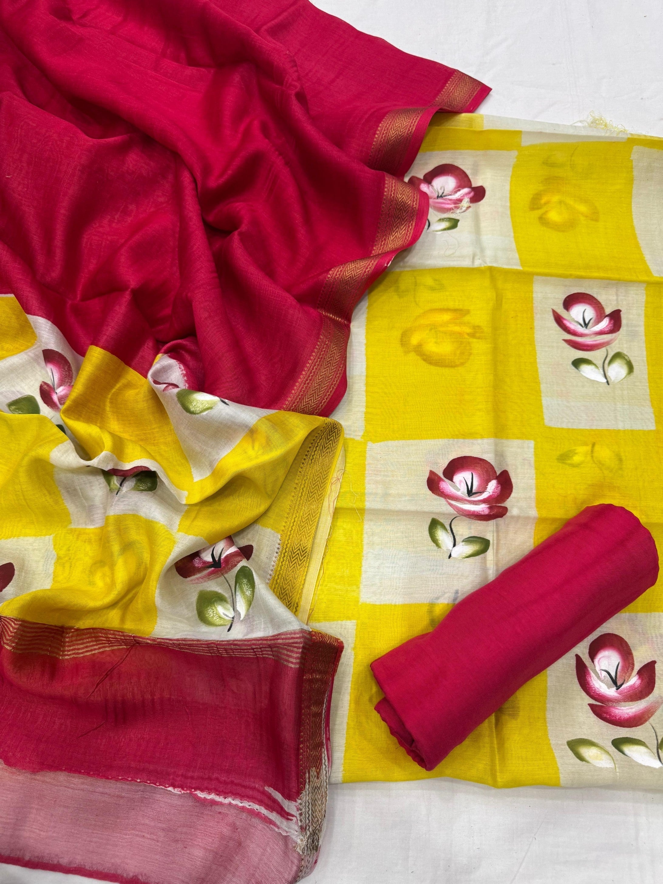 Maheshwari Silk Yellow Flower Design Dress Material – Handcrafted Indian silk for wholesale and boutique orders