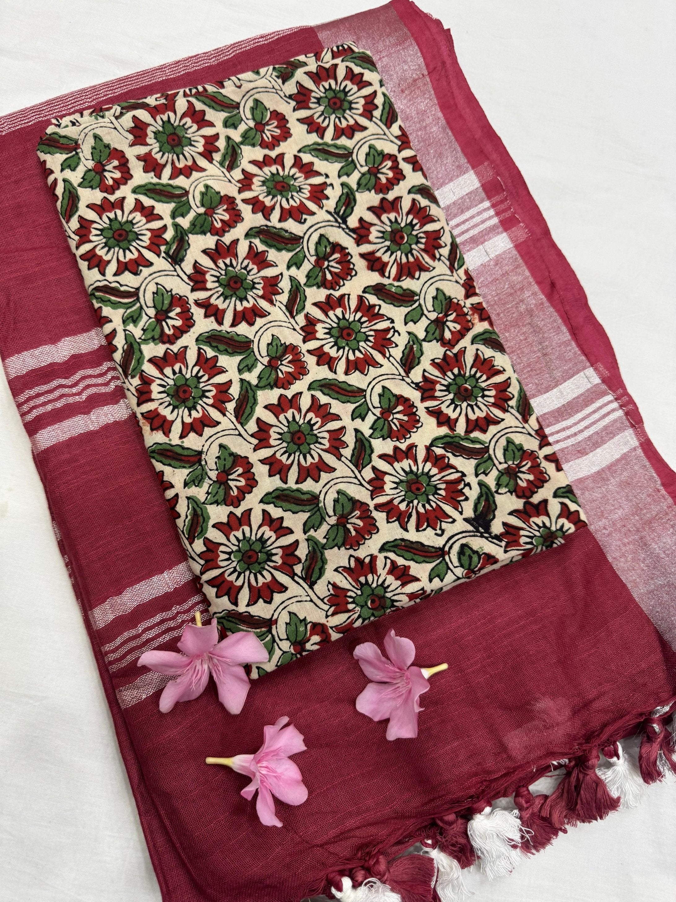 Maroon Saree with Cream Floral Jaal Blouse Fabric – Designer handcrafted Cotton Mul Handblock Saree wholesale for boutiques and retailers