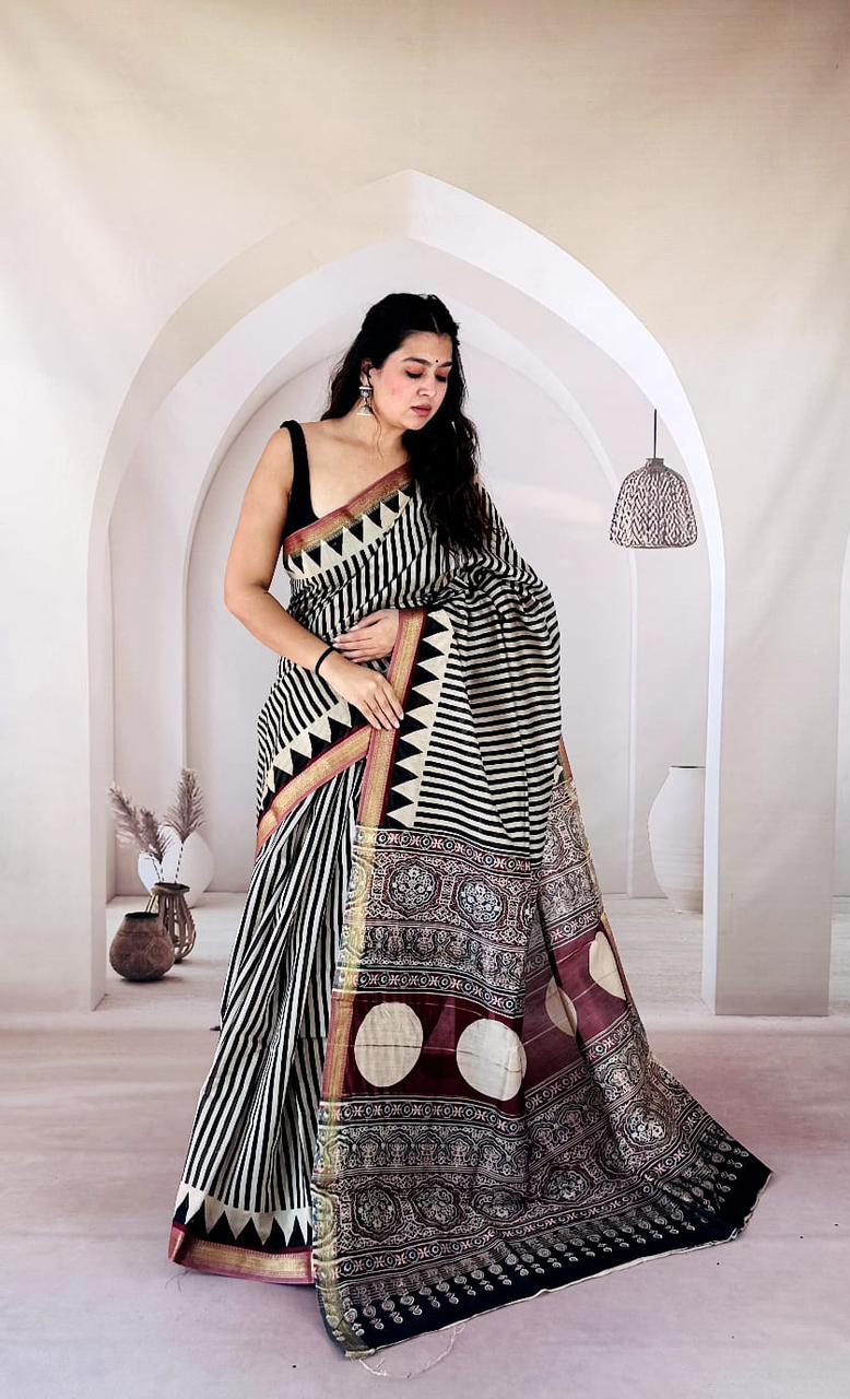 Maroon Maheshwari Silk Handblock Printed Saree with Floral Jaal and Stripes Pallu – Wholesale Silk Saree
