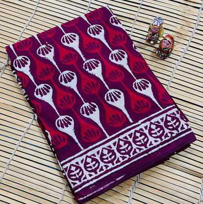 Maroon Motif Cotton Mul Handblock Saree – Designer handcrafted wholesale saree for retailers and boutiques