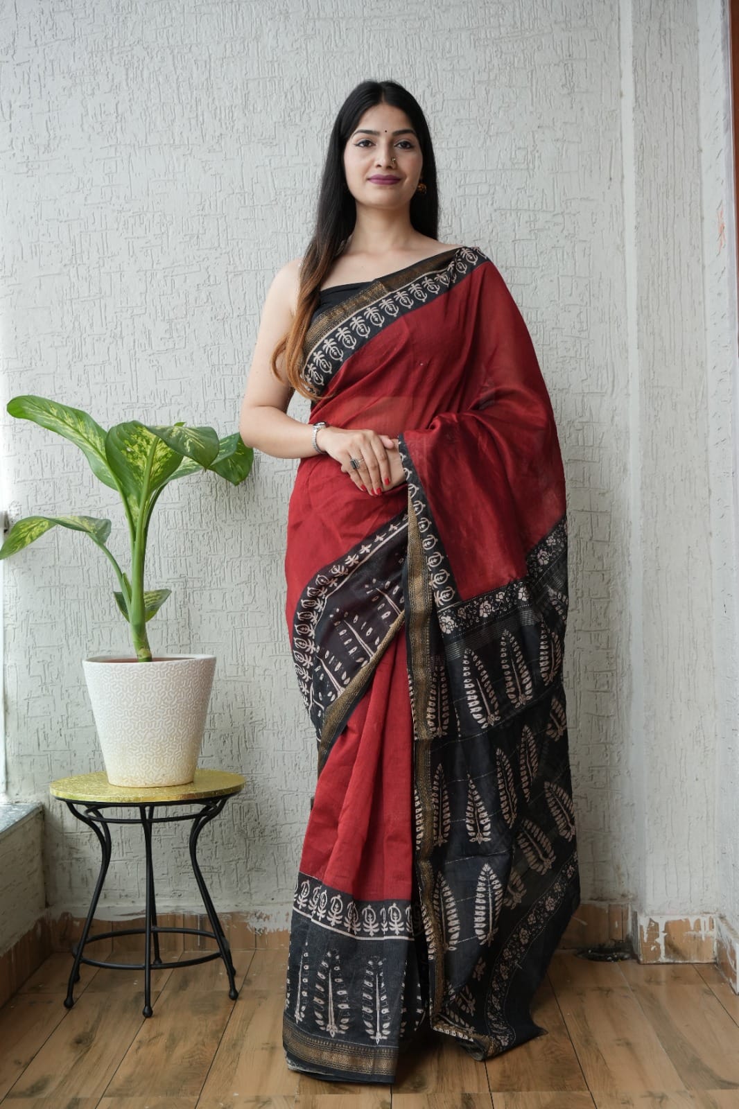 Maroon Maheshwari Silk Handblock Printed Saree with Plain Body and Fern Border – Wholesale Designer Silk Saree