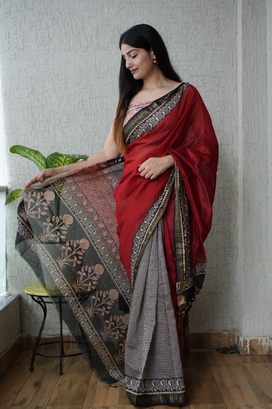 Maroon Maheshwari Silk Handblock Printed Saree with Plain Body and Printed Border – Wholesale Designer Silk Saree