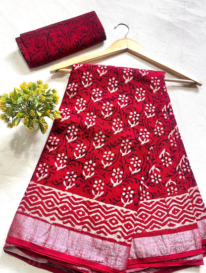 Maroon Small Floral Booty Saree – Handcrafted cotton linen handblock printed saree wholesale for designers and boutiques