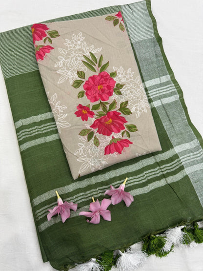 Mehndi Green Saree with Beige Floral Print Blouse Fabric – Premium Cotton Mul Handblock Saree wholesale for retailers, boutiques, and designers