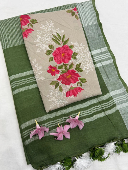 Mehndi Green Saree with Beige Floral Print Blouse Fabric – Premium Cotton Mul Handblock Saree wholesale for retailers, boutiques, and designers