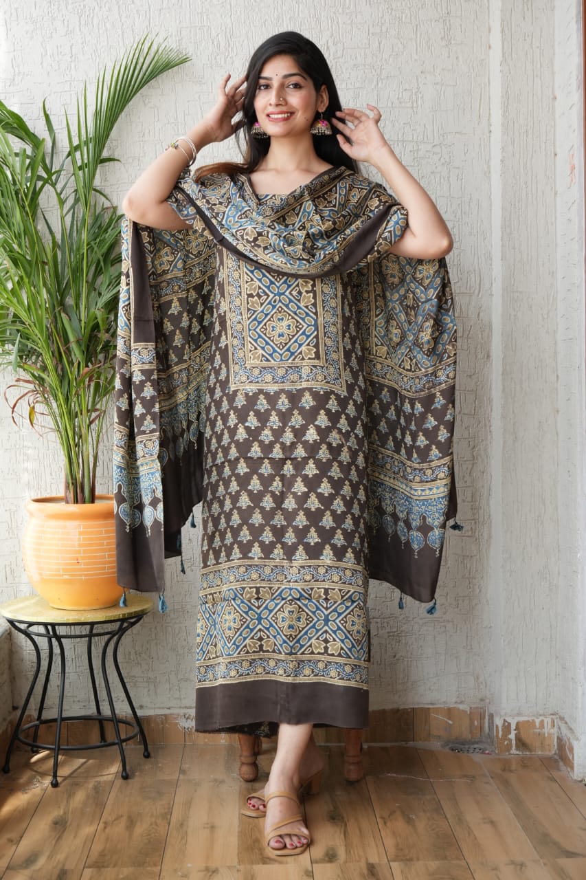 Ajrakh handblock printed modal dress material with black border – premium handblock fabric wholesale
