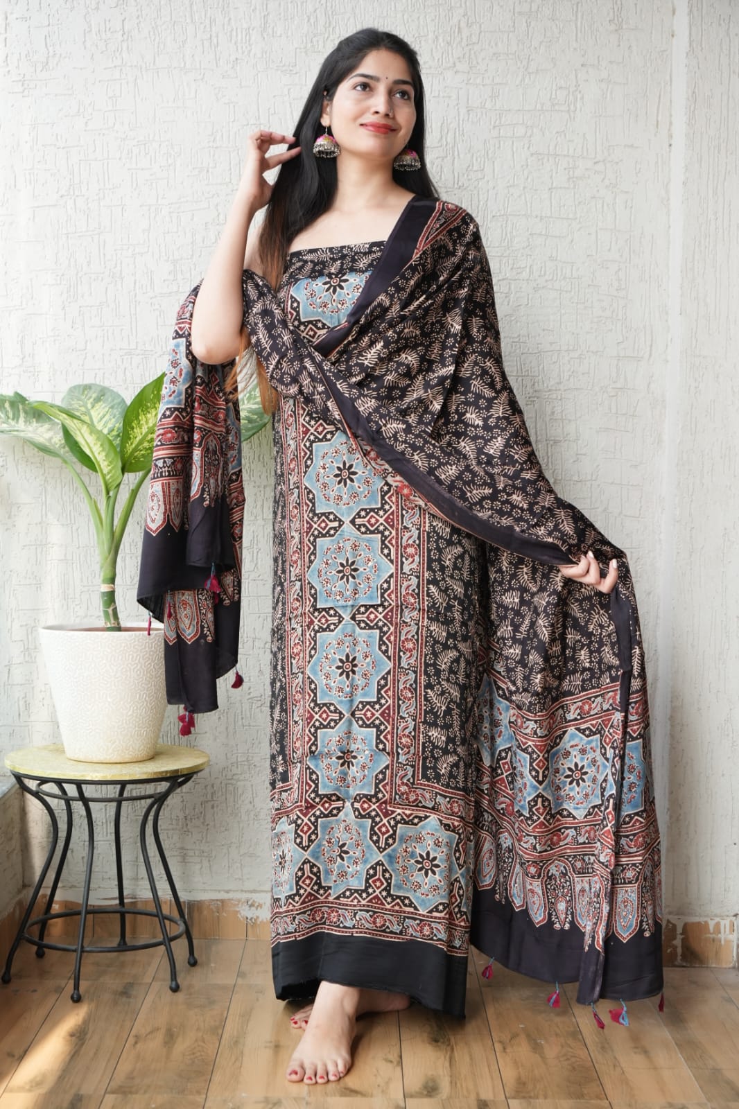 Ajrakh handblock printed modal dress material in black color – wholesale handblock fabric

