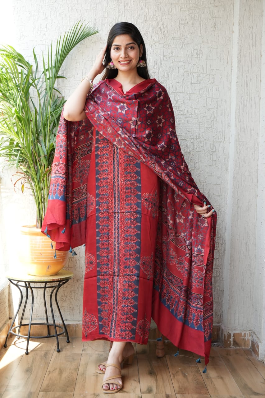 Ajrakh handblock printed modal dress material in madder color – natural dye handblock fabric
