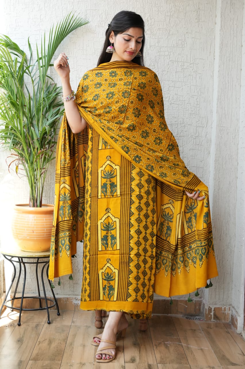 Ajrakh handblock printed modal dress material in mustard color – artisan dyed wholesale fabric
