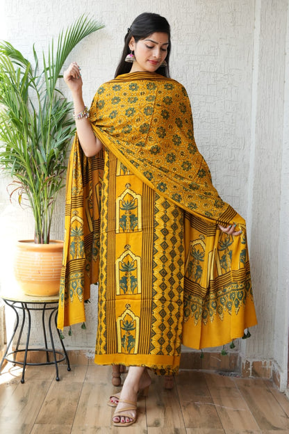 Ajrakh handblock printed modal dress material in mustard color – artisan dyed wholesale fabric
