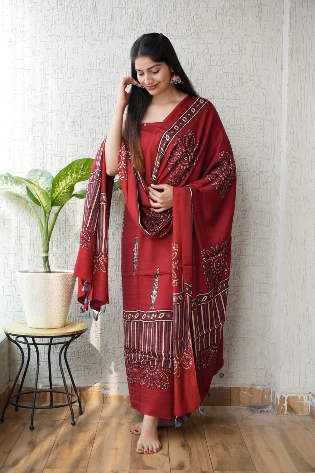Ajrakh handblock printed modal dress material in rust shade – handcrafted wholesale fabric
