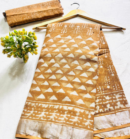Mustard Geometrical Jaal Saree – Handcrafted cotton linen handblock printed saree wholesale for boutiques and designers