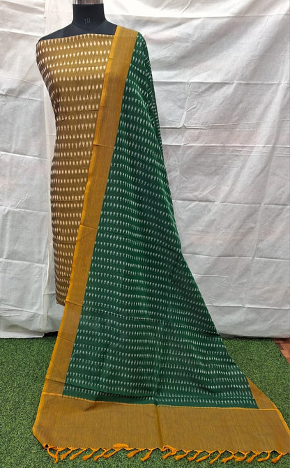 Mustard Green Cotton Ikat Dress Material – Handwoven by Rajasthan Artisans for Boutiques & Designers