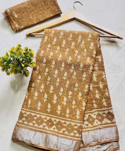 Mustard Paisley Booty Saree – Handcrafted cotton linen handblock printed saree wholesale for designers and boutiques