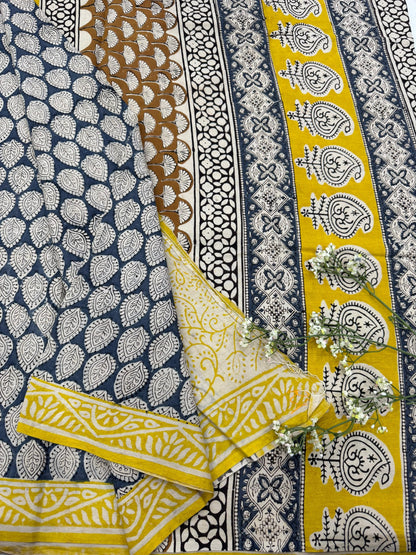 Navy Blue Floral Butti Cotton Saree – Premium Handblock Printed Wholesale Saree for Boutiques