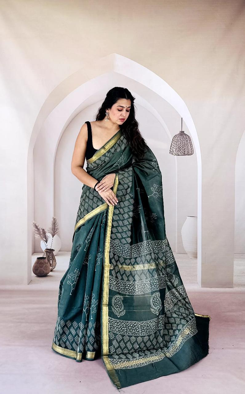 Navy Blue Maheshwari Silk Handblock Printed Saree with Paisley Floral Design – Wholesale Designer Saree