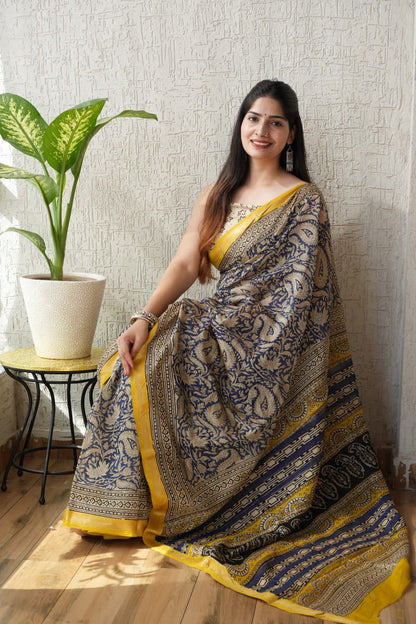 Navy Blue Maheshwari Silk Handblock Printed Saree with Paisley Jaal – Wholesale Silk Saree