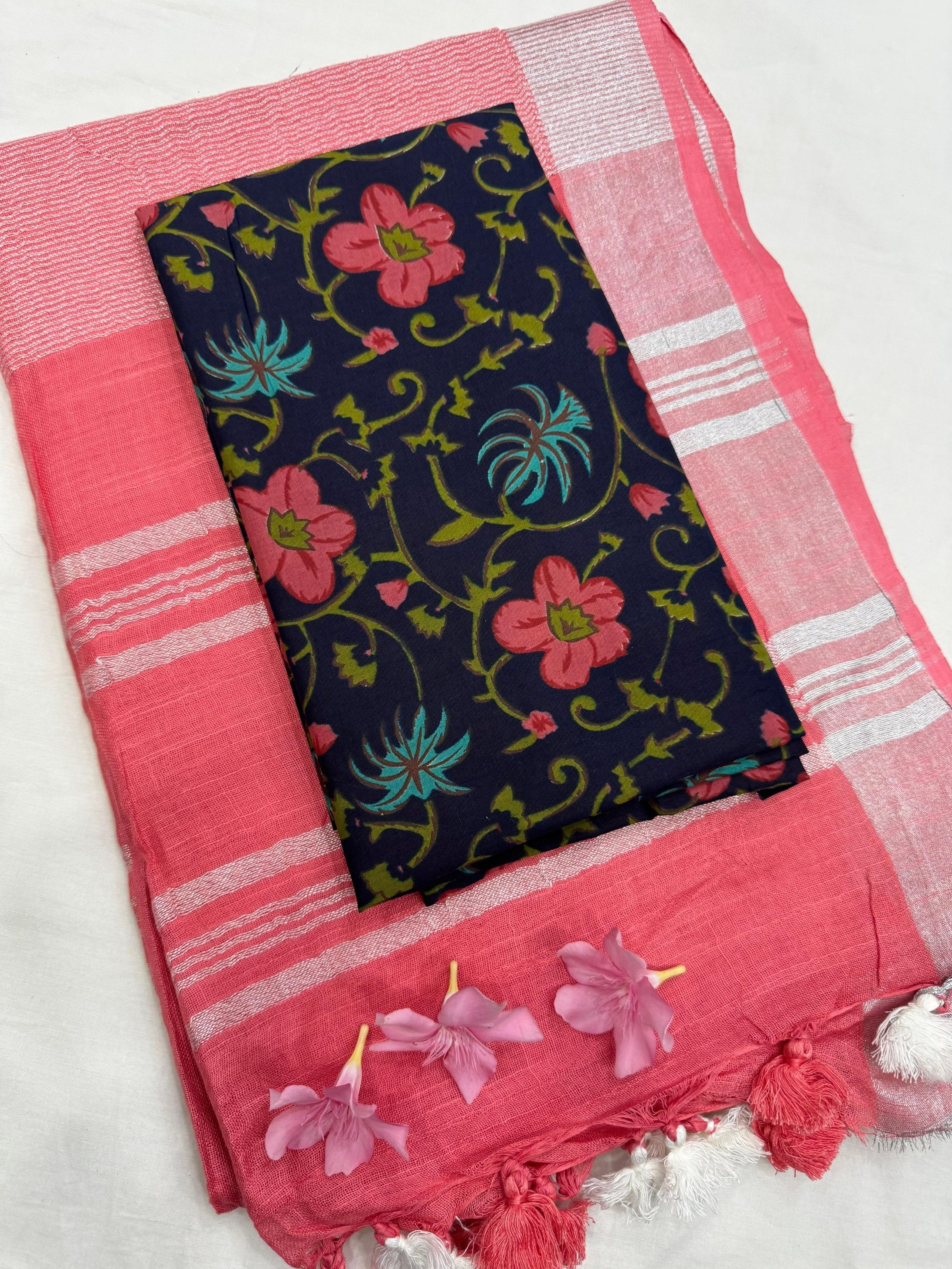 Peach Saree with Navy Blue Floral Jaal Blouse Fabric – Designer handcrafted cotton mul handblock saree wholesale for retailers and boutiques
