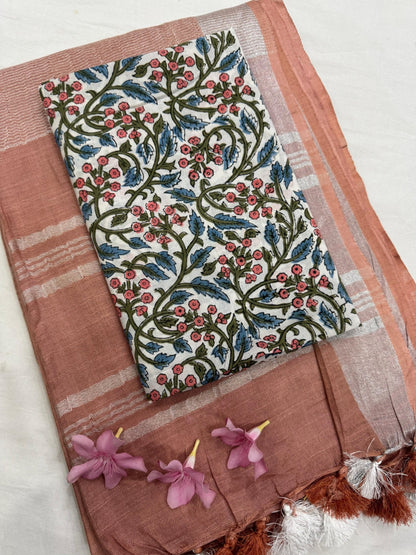Peach Saree with White Floral Jaal Blouse Fabric – Designer Cotton Mul Handblock Saree wholesale for boutiques and retailers
