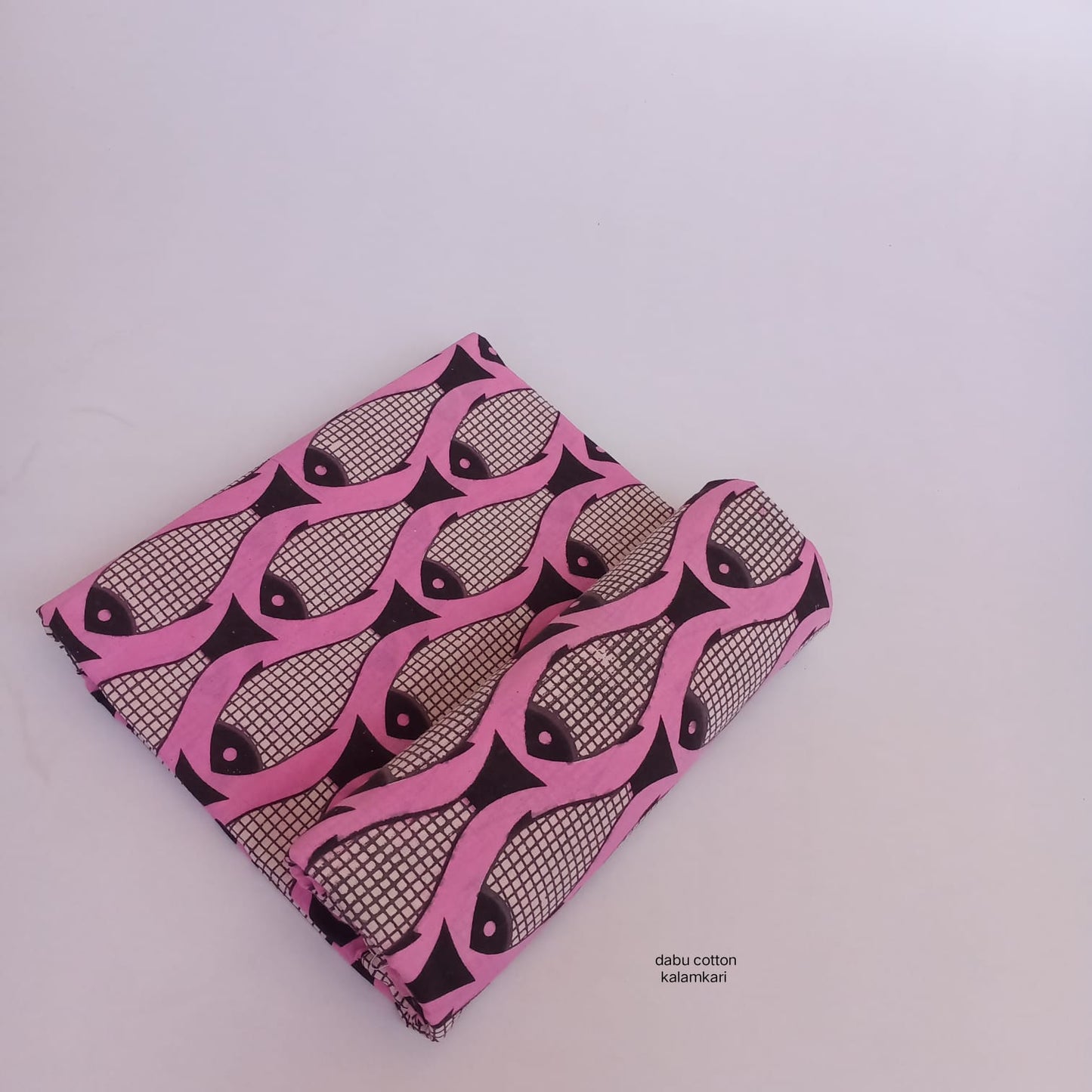 Pink fish print Dabu cotton handblock fabric, artisan-made, wholesale MOQ 1 Thaan for designers and retailers