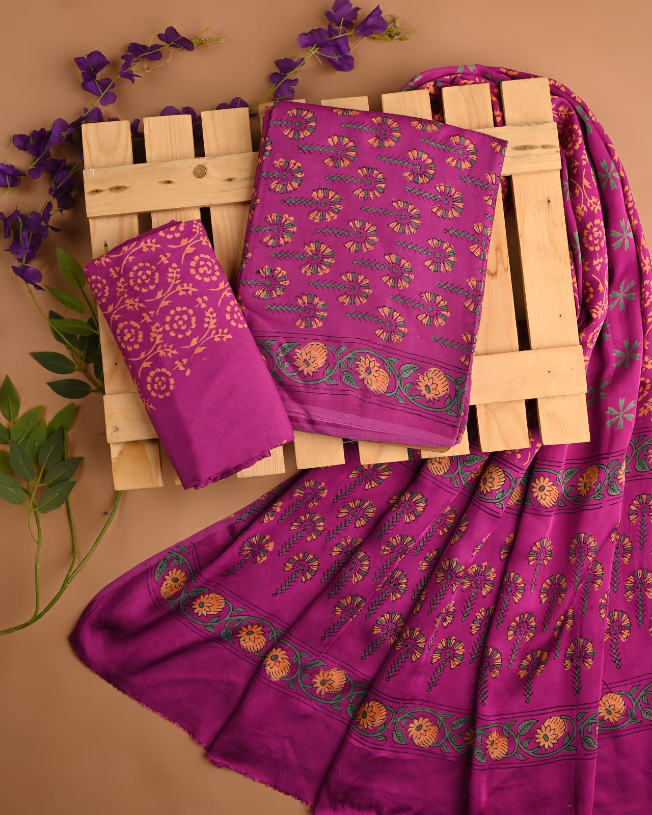 Pink Floral Butti Cupro Modal Silk Handblock Printed Dress Material – B2B Boutique Fabric