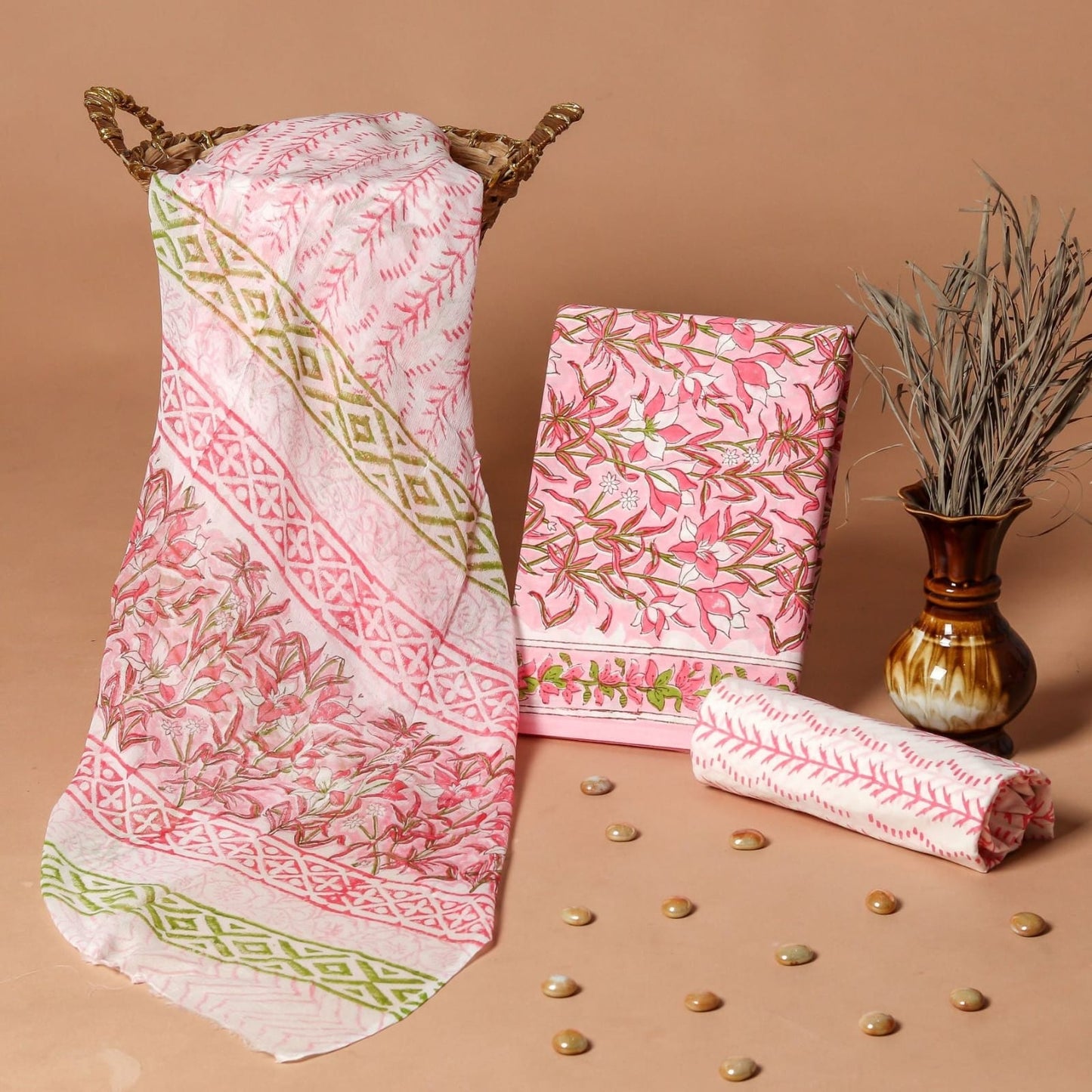 Pink Floral JAL Handblock Printed Cotton Dress Material – Artisan-Crafted Wholesale