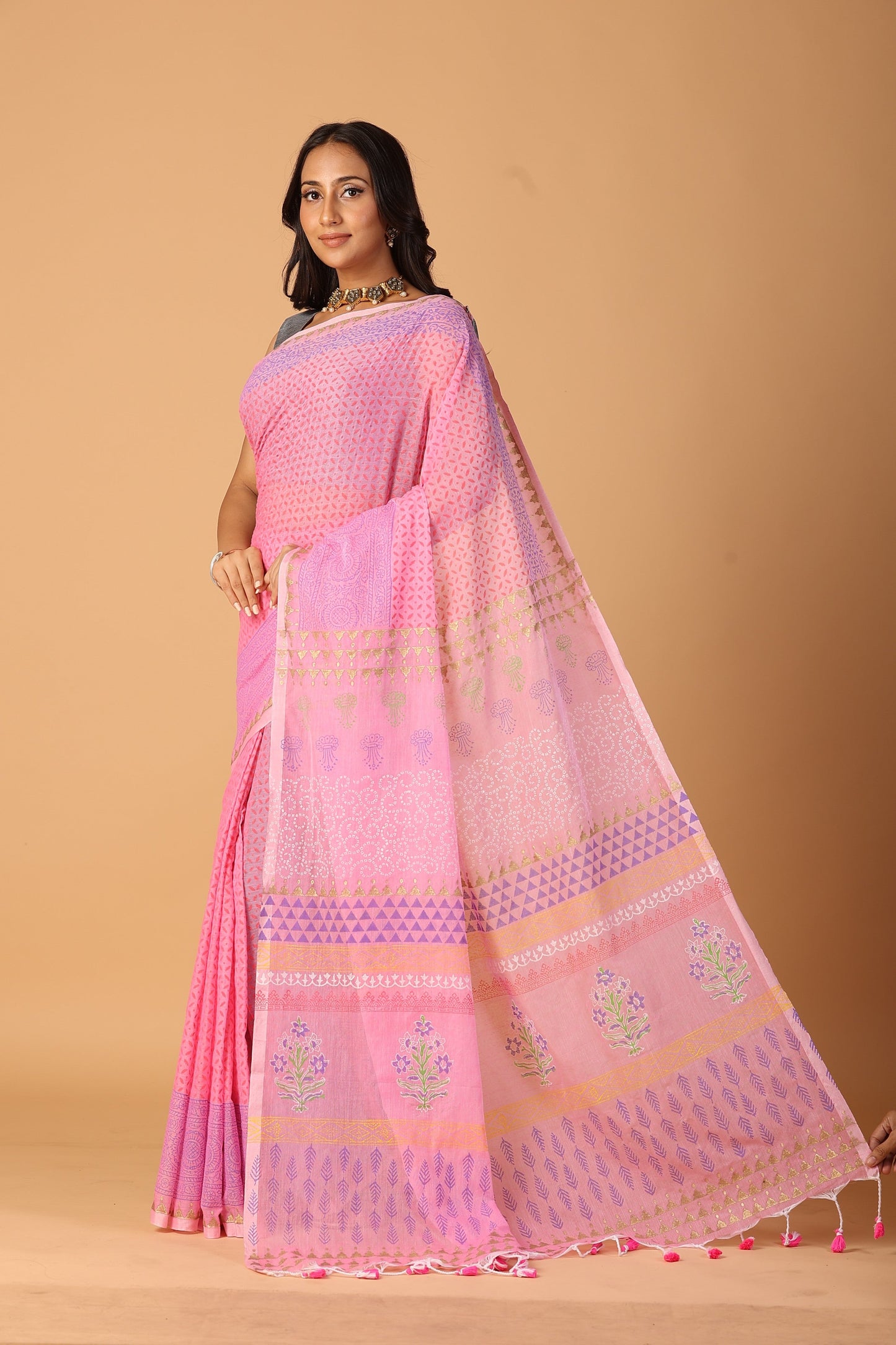 Pink Jaal Cotton Mul Handblock Gold Printed Saree – Handcrafted traditional gold print saree for retailers and resellers