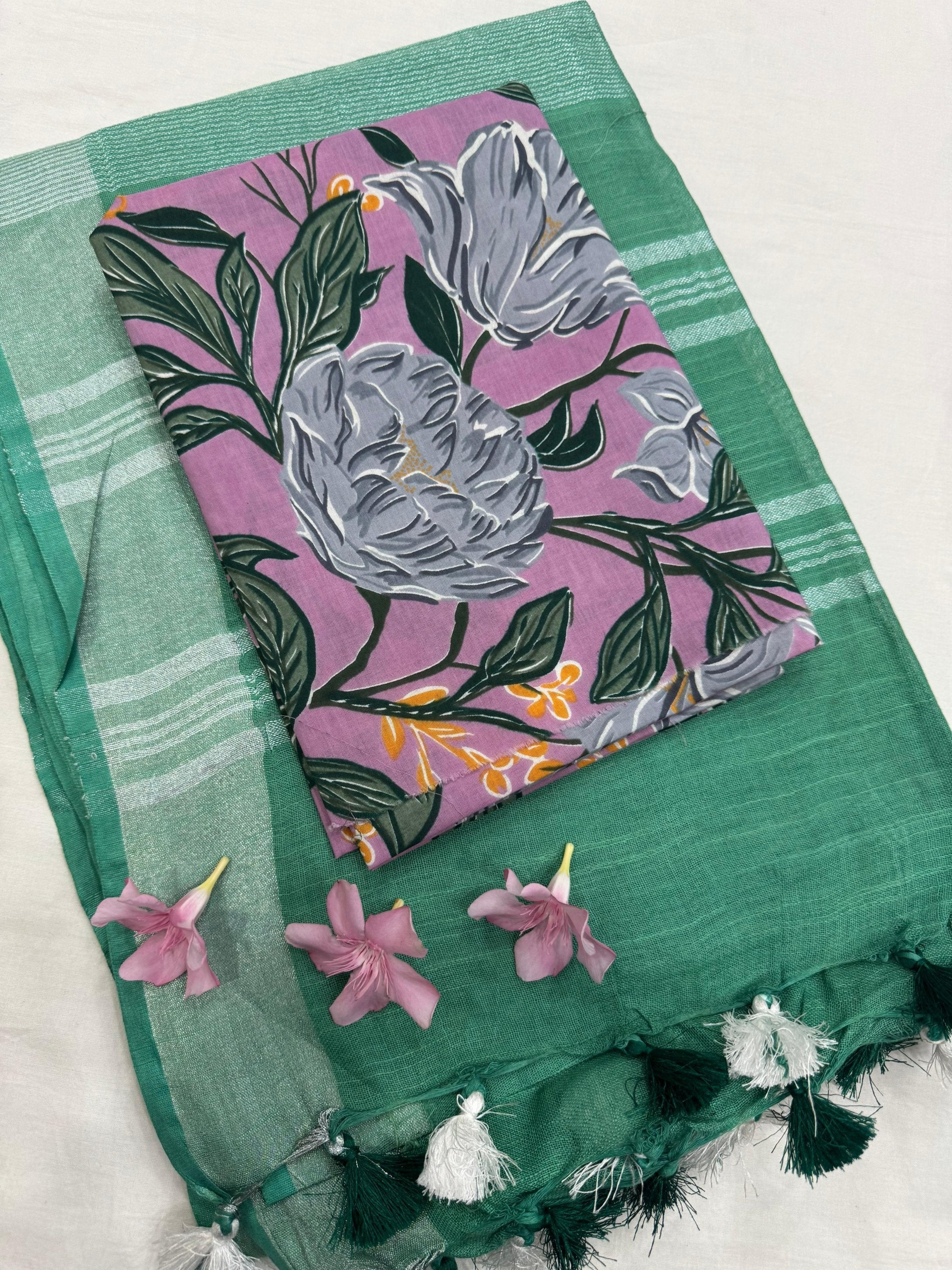 Pista Green Saree with Purple Floral Jaal Blouse Fabric – Designer Cotton Mul Handblock Saree wholesale for boutiques and retailers