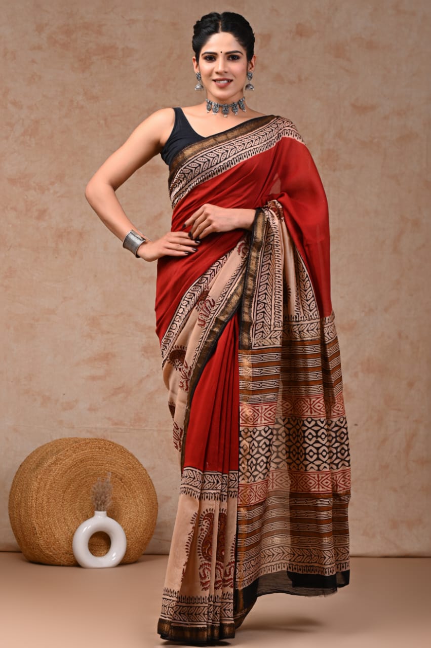 Plain Red Maheshwari Silk Handblock Printed Saree with Cream Paisley Boota Border – Wholesale Silk Saree