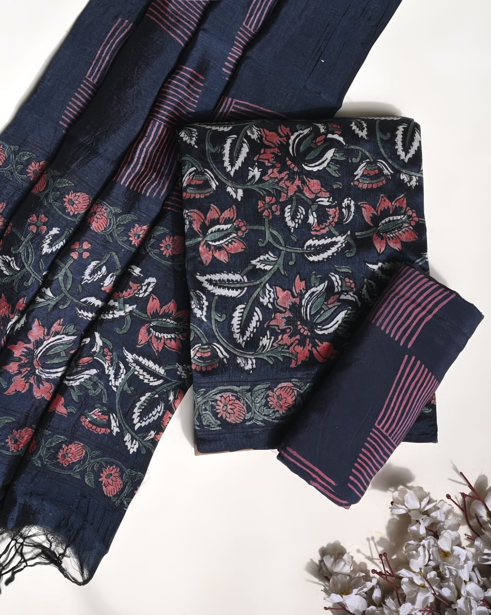 Black lotus Puna silk dress material wholesale, handblock printed silk suit set by Fabtexs