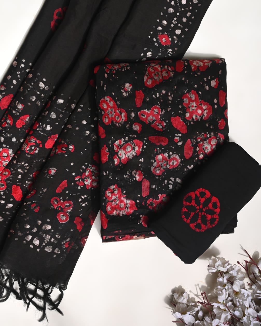Black red Puna silk dress material wholesale, handblock printed silk suit set by Fabtexs