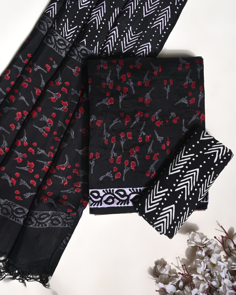 Black white Puna silk dress material wholesale, handblock printed silk suit set by Fabtexs