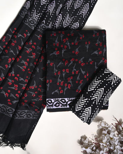 Black white Puna silk dress material wholesale, handblock printed silk suit set by Fabtexs