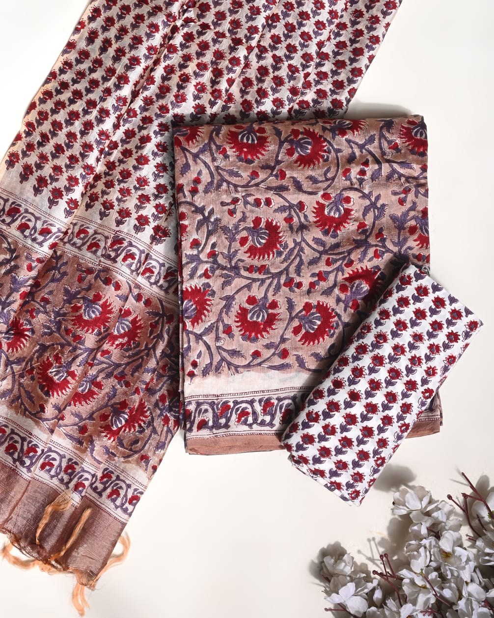 Brown Puna silk dress material wholesale, handblock printed silk suit set by Fabtexs